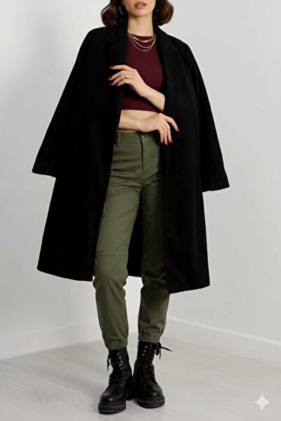 f.kereci Kadın Siyah Astarlı Kaşe Kaban 110 cm - Kuşaklı, Normal Kalıp