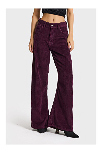 LC Waikiki Kadın Mor Renk 26w5-111 Straight Fit Yüksek Bel Kalın Fitilli Velv...