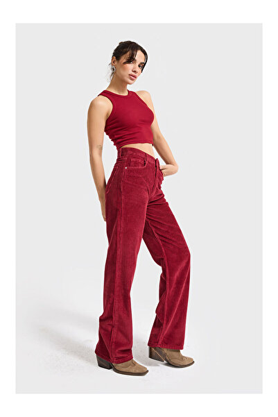 LC Waikiki Kadın Bordo Renk Doris 26w5-35 Straight Fit Yüksek Bel Kalın Fitil...