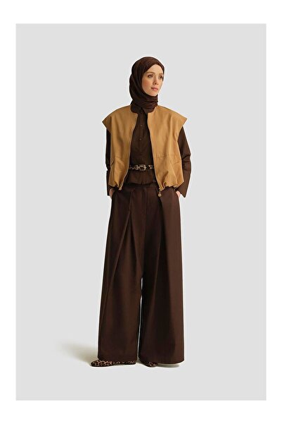 LC Waikiki Kahverengi Pileli Lyocell Pantolon Etek 25Y2801 Acı Kahve
