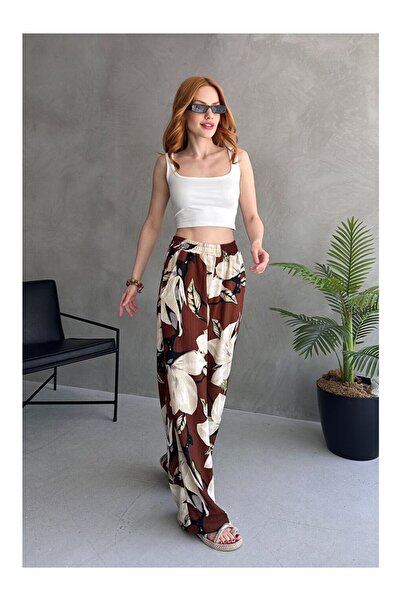 LC Waikiki Καφέ Με φλοράλ μοτίβο Φαρδύ Παντελόνι Καφέ - 27237
