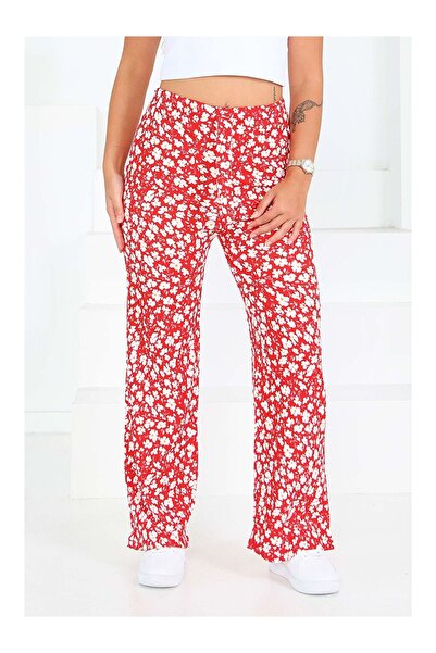 LC Waikiki Red Patterned Wrinkled Pants with Elastic Waist Red - 27677