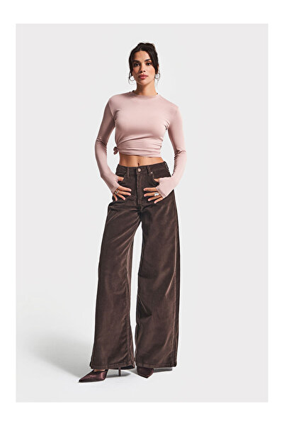LC Waikiki Kadın Kahverengi 26w5-136 Palazzo Fit Esnek İnce Fitilli Velvet Kadife Kumaş Pantolon