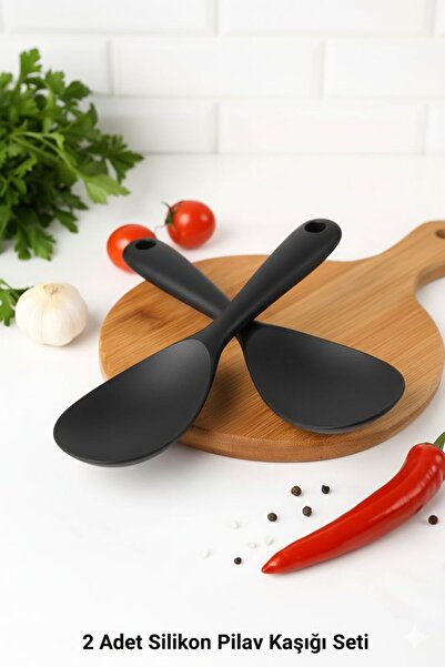 TARIK HOME 2 Adet 22,5 cm Sert Uçlu Siyah Silikon Karıştırma Kaşığı, Pilav, H...