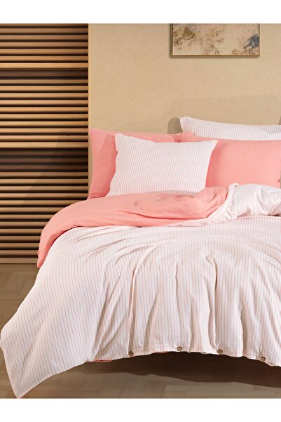 Cottonest طقم غطاء لحاف مفرد مخطط من القطن مقاس 160 × 220 – لون السلمون والأب...