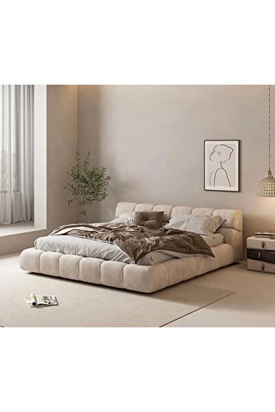 Abdo1996 سرير تاناس المخملي البيج