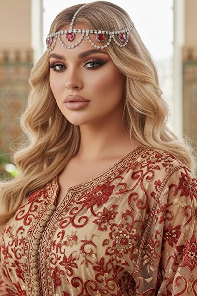 CAŞ DEKORASYON Silver Color Red Stone Forehead Henna Hair Accessory