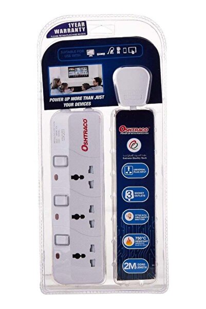 Oshtraco OTC3313S-2M 3 Way Universal Extension Socket with 2 Meter Cord
