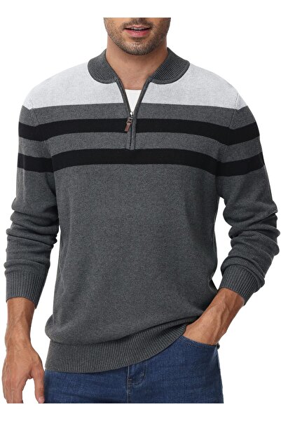 Knit Ανδρικό βαμβακερό πουλόβερ με μισό φερμουάρ – Σκούρο γκρι XL
