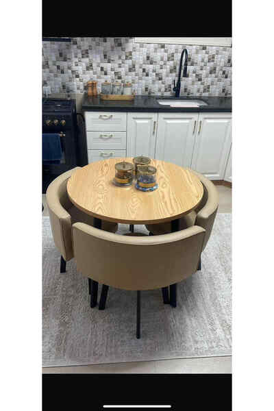 Generic طقم طاولة طعام خشبية مستديرة 5 قطع لـ4 أشخاص مع 4 كراسي منجدة لغرفة الطعام والمطبخ