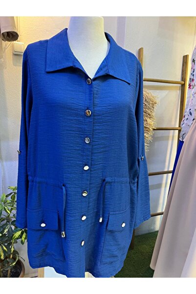 hazelmoda Cep Detaylı Beli Bağcıklı Düğmeli Tunik – Saks Mavisi