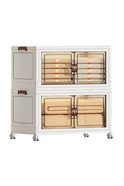 Ollieroo خزانة تخزين بلاستيكية قابلة للطي من طبقتين مزودة بعجلات، 65×42×76 سم