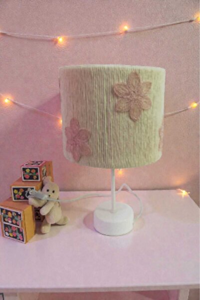 C&A&B KUZEY AVİZE Ecru Macrame Cylinder Rope Wrapped Pink Flower Applique Lam...