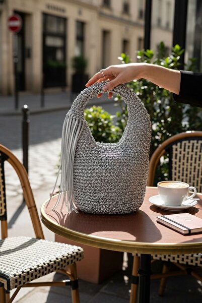 ANJEA Breeze El Örgü Parlak Rafya İp El Çantası | Gümüş | Astarlı | Günlük & Özel Gün |