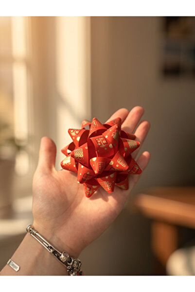 STAR PENNSYLVANIA NEW FLOWER Kırmızı Fiyonk Yıldız Süs Hediye Paketi Süsü 10lu set - Rafya Yapışkanlı 9cm