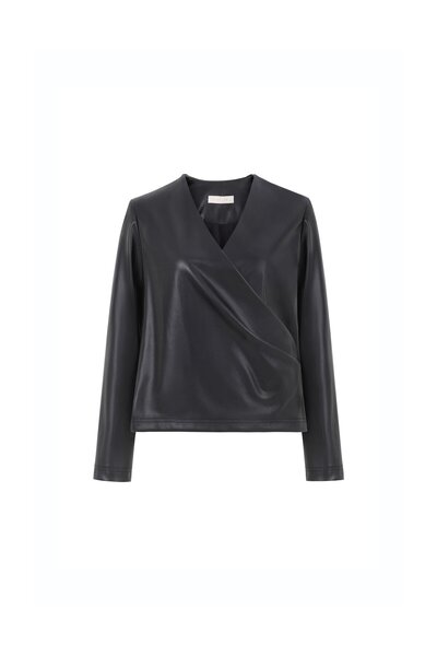 BİRELİN Kruvaze Suni Deri Bluz Siyah