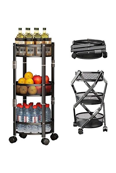 Feelings عربة معدنية دائرية قابلة للطي بثلاثة أرفف من تورنادو - أسود