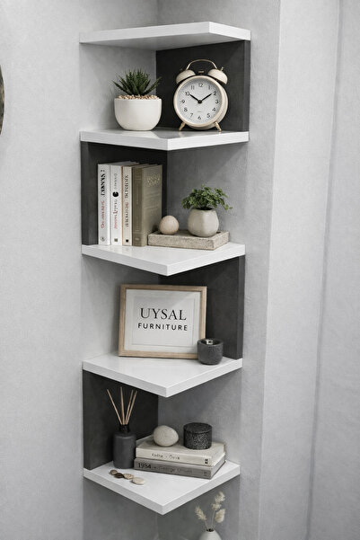 UYSAL FURNİTURE Black and White Zigzag Corner Bookshelf White Black Modern Wa...