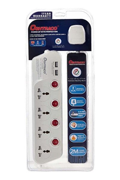 Oshtraco سلك تمديد بمفتاح رباعي الاتجاهات مع سلك بطول مترين ومنفذ USB بقوة 2....