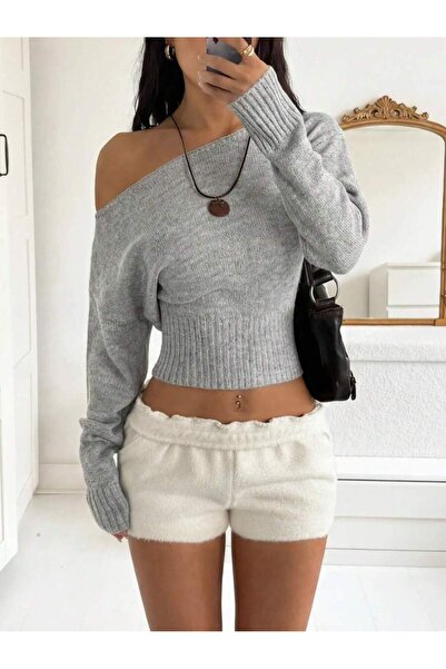 dgs look Gray Basic Asymmetrical Collar Crop Women's Knitwear Sweater