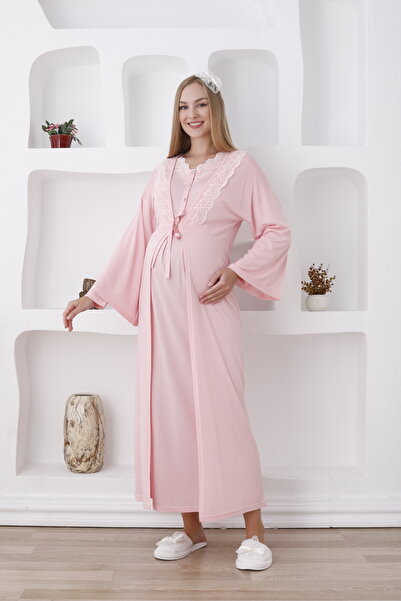 ERDENİZ TEKSTİL Dantelli Hamile Lohusa Gecelik Sabahlık 2'li Set Emzirme Uyum...