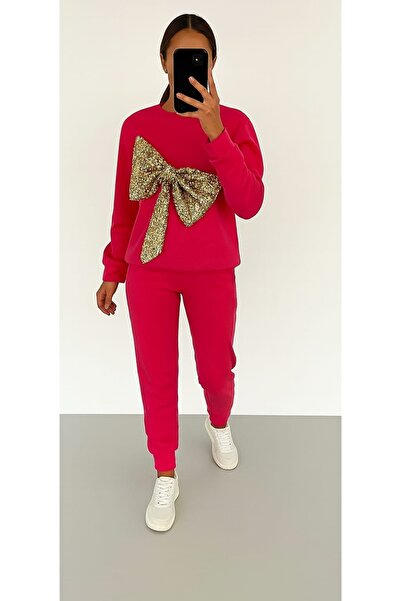 Fashionhaine.ro Trening damă Geo cu fundă decorativă aurie – set casual elegant