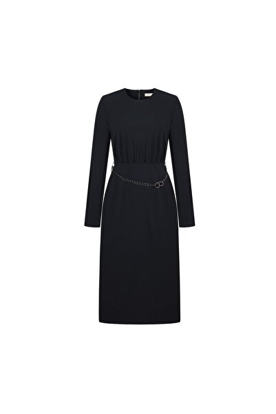 BİRELİN Zincir Kemerli Yün Elbise Siyah
