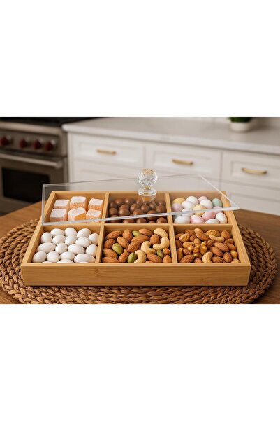 Saatistan 6 Bölmeli Bambu Çerezlik ve Sunumluk Şeffaf Akrilik Kapaklı