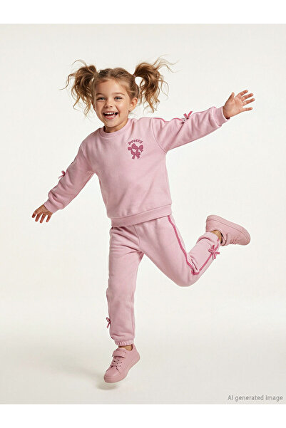 LC Waikiki Girls' Thick Sweatshirt and Sweatpants with Bow for Style Enthusia...