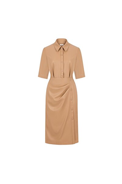 BİRELİN Drapaj Detaylı Suni Deri Elbise Bej