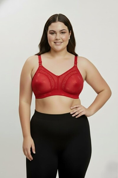 enmodaiçgiyim Red Shaping / Sculpting Minimizer Bra Wire-Free Sponge-Free Lace Detailed Wide Strap Comfort Model