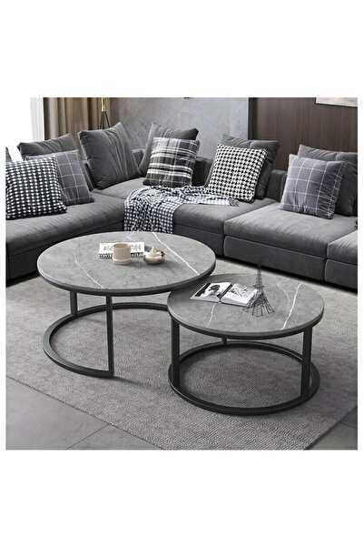 LAOBAN طاولتان قهوة دائريتان بإطار معدني (لون رمادي)