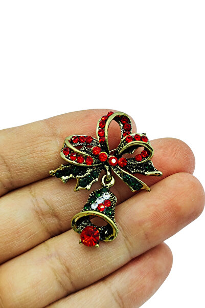 BB BİBUTİKSHOP Kristal Taşlı Noel Çanı ve Fiyonk Broş – Vintage Yılbaşı Temalı Şık Aksesuar