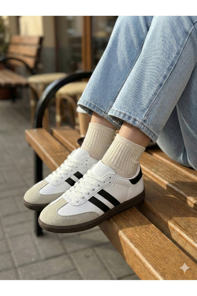 USLU "Retro Tarz Beyaz Bej Süet Burunlu Siyah Çizgili Klasik Sneaker Ayakkabı"