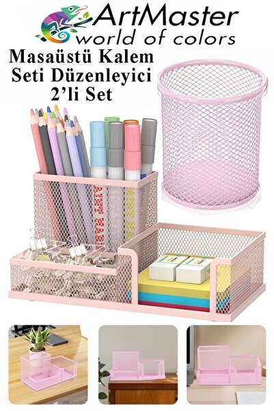 Artmaster Masaüstü Metal Silindir Kalemlik ve 3 lü Düzenleyici 1 Paket Fileli...