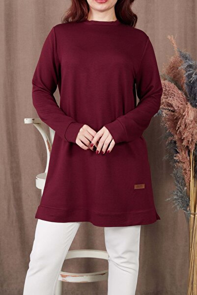 TAŞDELEN AVM Zenne Yanları Yırtmaçlı Bisiklet Yaka Basic Ribanalı Tunik Bordo...