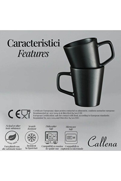 Callena Set de 4 căni de cafea din ceramică neagră, simple, stil nordic, pentru cappuccino, ceai, stil nordic, 360 ml