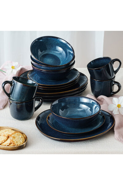 Callena Ceramic dinnerware set, 16 pieces, deformed, glazed ceramic, blue, Golden Eclipse