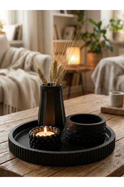 Violet Design Siyah Dekoratif Vazo Seti – Modern Mumluk Tepsi Takımı