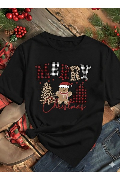 one button Unisex Yılbaşı Sevimli Kurabiye Merry Christmas Tasarım Basic Bisiklet Yaka T-shirt %100 Pamuk