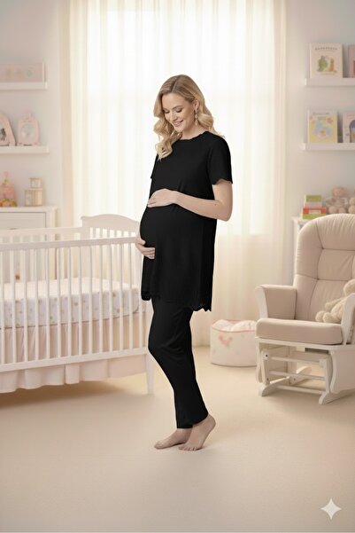 LOHOUSE طقم بيجامة نسائية للحوامل من الكتان المزخرف بالدانتيل