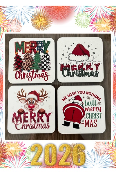 SY ETİKET Christmas Themed 3 mm Wooden Coasters, Set of 8