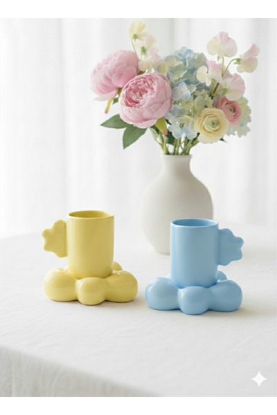 Deniz Kızı Seramik Set of 2 Cloud Cup Blue Yellow / Handmade Ceramic Coffee Cup