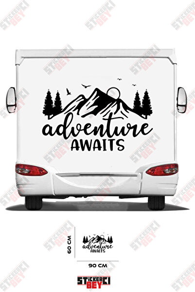 STİCKERCI BEY ملصق كارافان مزين بصورة جبل وشجرة مع عبارة 'المغامرة تنتظر'
