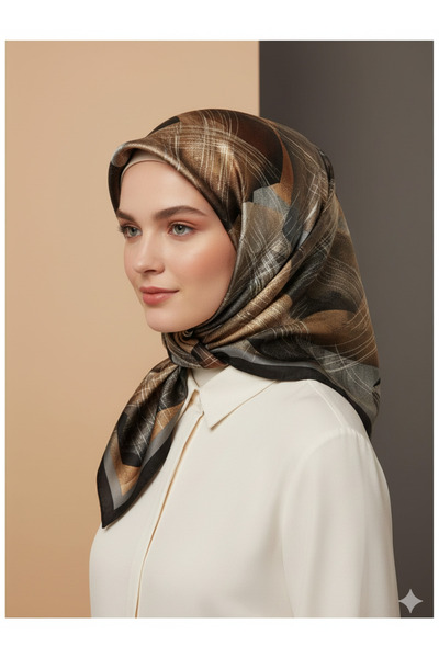 Levidor 90x90 İpek Görünümlü Siyah - Gri - Kahverengi Kristal Eşarp – Kaymayan Twill Şık Tasarım