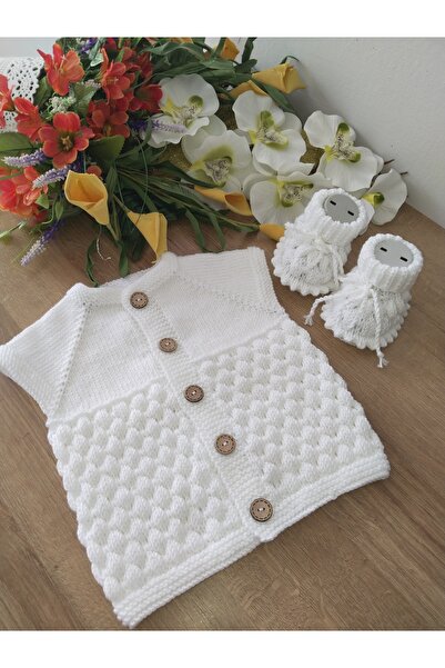 8 Ekim Tasarım Atölyesi 0_1 Year Old Hand Knitted White Baby Vest Set