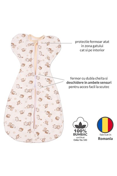 Kidizi Sistem de infasat cu fermoar dublu Swaddel Confort Orso 0-4 luni, 100% bumbac, 0.5 tog