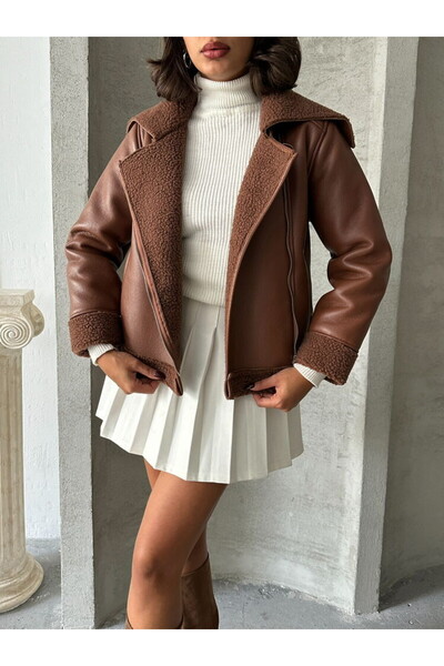 DEV LINE Jachetă Maro din Piele cu Fermoar