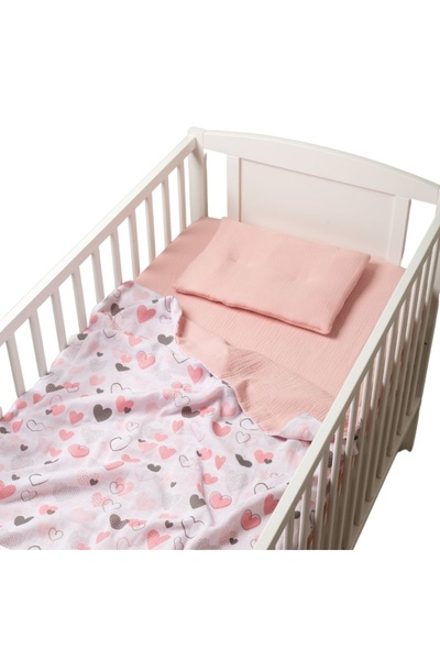 Kidizi Лятно муселиново спално бельо за кошара 120x60 см Розови сърца, включв...