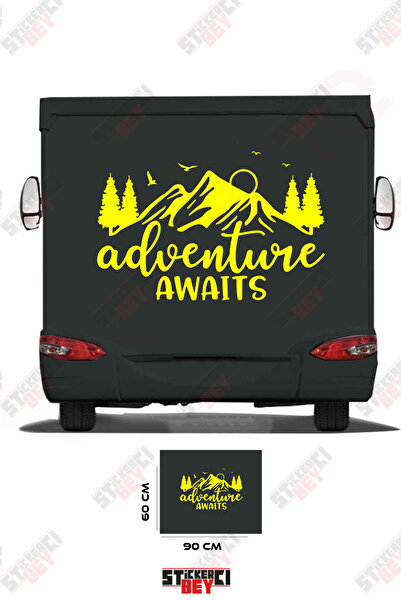 STİCKERCI BEY ملصق كارافان مزين بصورة جبل وشجرة مع عبارة 'المغامرة تنتظر'